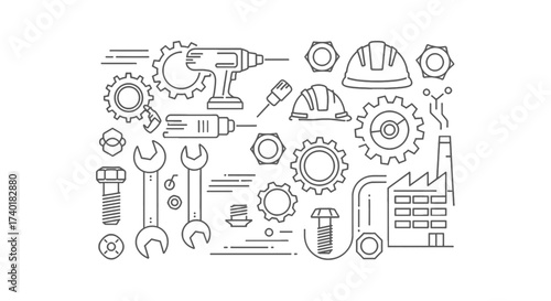 Clean line art illustration showcasing industry and construction tools, conveying precision and technical skill for engineering, manufacturing, and building projects, perfect for website designs