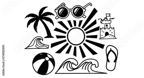 Dreaming of Sunny Shores Getaway Plan with Palm Tree, Waves, and Beach Ball for Summer Fun, Featuring Sunglasses and Sandcastle to Celebrate Summer Vacation Memories and Beach Holidays