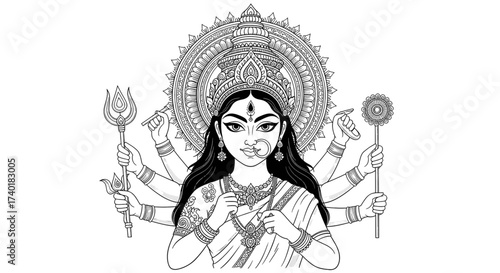 Divine feminine power emanates from multi armed goddess Durga adorned with intricate jewelry and holding sacred weapons in a powerful depiction
