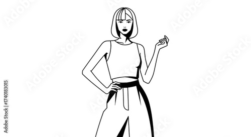 Chic woman with bob hairstyle confidently poses in stylish wide leg pants and crop top, exuding modern fashion and feminine allure