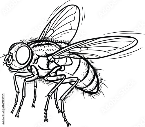 Detailed line drawing of a common housefly on white background