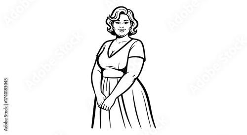 Charming plus size woman with elegant hairstyle and stylish dress, exuding confidence and grace in a classic line art portrait
