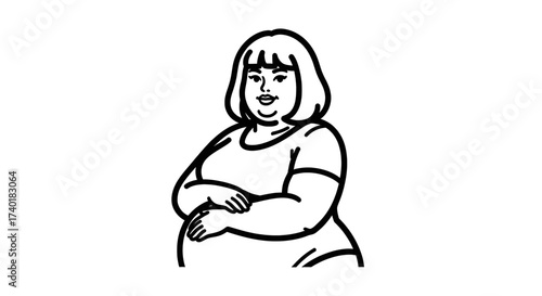 Confident plus size woman with a warm smile and arms crossed, embodying self acceptance and body positivity in a simple, modern line art style.
