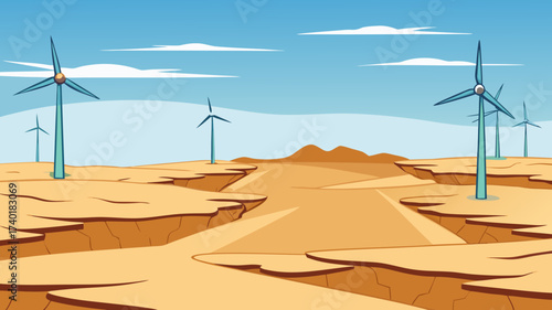 Eroded farmland with wind turbines under clear blue sky  