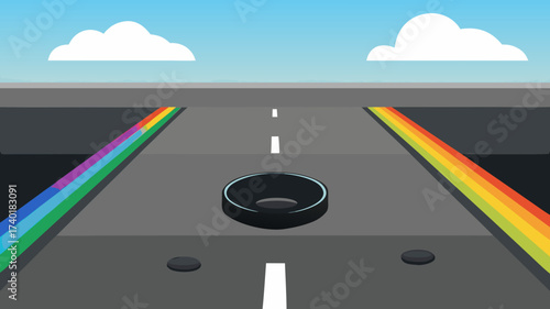 Minimal vector design of dark asphalt road with rainbow stripes  