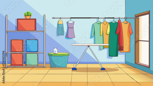 Laundry room with colorful clothes drying and shelving units 