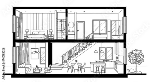 Explore a modern townhouse's detailed cross section showcasing elegant living spaces, a cozy bedroom, and a sleek kitchen perfect for architectural visualization and design inspiration.
