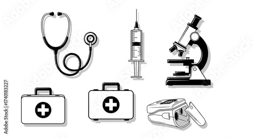 Professional medical tools including stethoscope, syringe, microscope, first aid kits, and pulse oximeter create a clean, modern healthcare collection