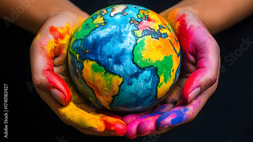 Colorful painted hands holding earth globe world kindness day background,generative ai