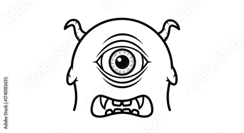 Cartoon cyclops monster with horns and sharp teeth outline