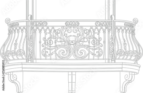 Ornate balcony with skull design in black and white line art