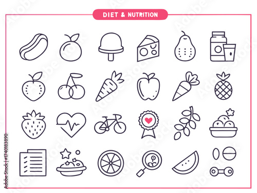 Minimal line icons for healthy eating and dieting concepts