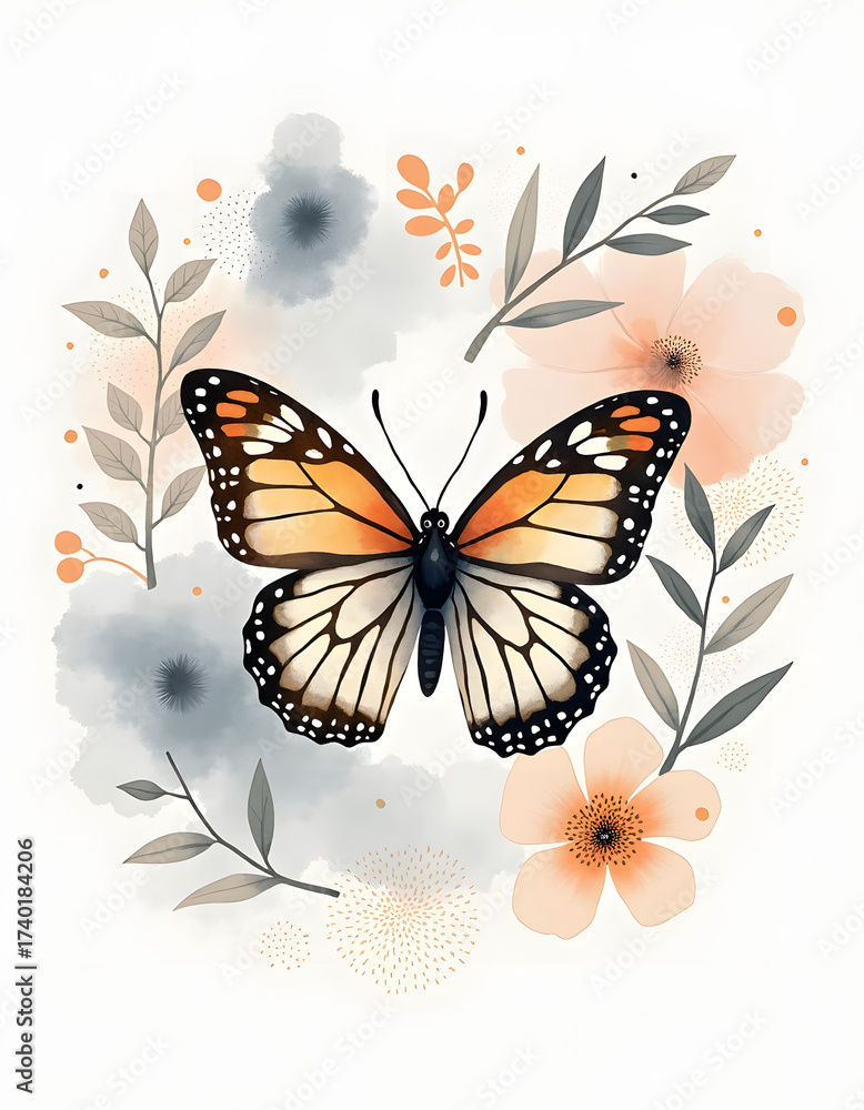 Obraz premium Monarch Butterfly Surrounded by Watercolor Flowers and Foliage