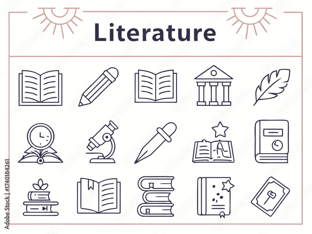 Fototapeta premium Minimal line icons for literature and reading themes
