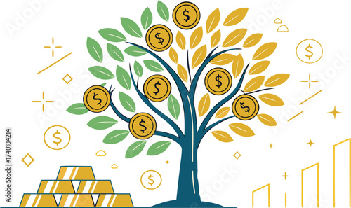 Money Tree with Dollar Coins and Gold Bars