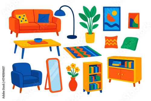 Bold Home Decor Icons. Isometric vector illustration set Modern Home Decor: sofa, arc floor lamp, tall potted plant, wall art,