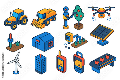Agricultural Robotics Icons. Isometric vector illustration set Agricultural Robotics: autonomous tractor, robotic harvester, fruit
