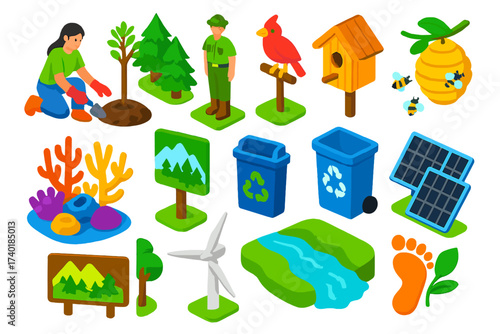 Biodiversity Conservation Icons. Isometric vector illustration set Protecting Biodiversity: tree planting, forest protection,