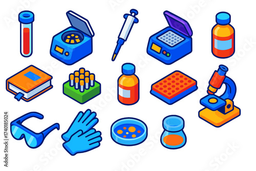 Biotech Research Tools. Isometric vector illustration set Biotech Research Tools: test tube, centrifuge, micropipette, PCR machine