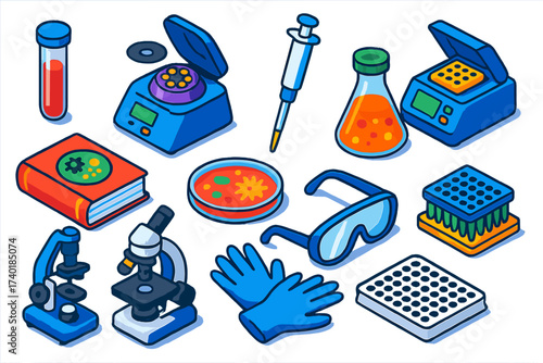 Microbiology Lab Icons. Isometric vector illustration set Microbiology Lab: test tube, centrifuge, micropipette, PCR machine,