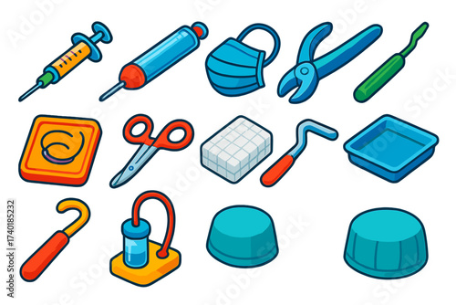 Vibrant Dental Surgery Tools. Isometric vector illustration set Dental surgery: syringe, anesthesia cartridge, surgical mask,