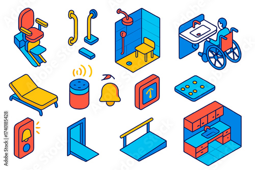 Home Accessibility Features. Isometric vector illustration set Home accessibility: stair lift, grab bars, walk-in shower,