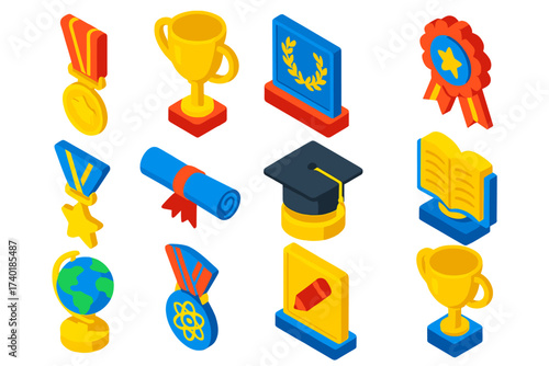 Academic Awards Icons. Isometric vector illustration set Academic awards: graduation medal, academic excellence trophy,