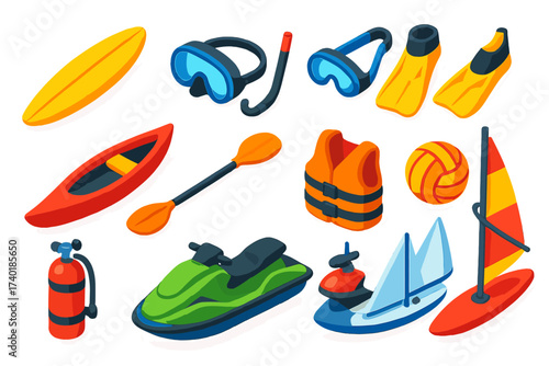 Mini Water Sports Icons. Isometric vector illustration set Mini water sports: surfboard, snorkeling mask, swimming goggles, swim