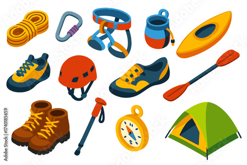 Adventure Sports Icons. Isometric vector illustration set Mini adventure sports: climbing rope, carabiner, harness, chalk bag,