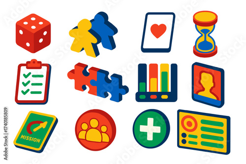 Cooperative Game Icons. Isometric vector illustration set Cooperative games: shared dice, team meeple, common card, group timer,