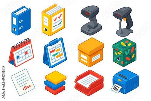 Colorful Office Essentials. Isometric vector illustration set Office storage: invoice binder, paid bills folder, barcode scanner