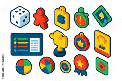 Board Game Championship Icons. Isometric vector illustration set Tournament board games: official dice, player meeple, entry card,