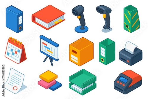 Colorful Office Essentials. Isometric vector illustration set Office storage: invoice binder, paid bills folder, barcode scanner