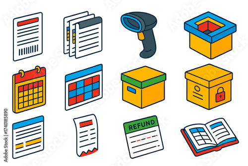 Payment Office Icons. Isometric vector illustration set Payment processing office: sales invoice with barcode, bulk invoice stack,