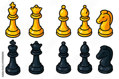Colorful Chess Set. Isometric vector illustration set Chess pieces classic: white king, white queen, white rook, white bishop,