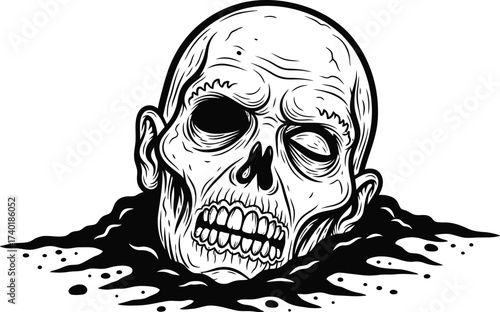 Line art of a zombie head emerging from dark murky ground
