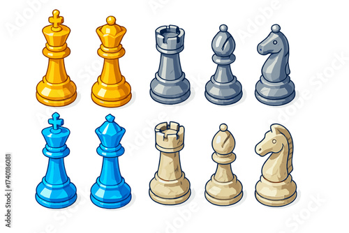 Luxury Chess Icons. Isometric vector illustration set Chess figurines luxury: gold king, gold queen, silver rook, silver bishop,