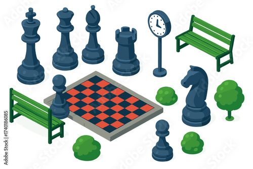 Giant Outdoor Chess. Isometric vector illustration set Outdoor chess: giant king, giant queen, giant rook, giant bishop, giant