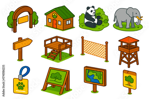 Wildlife Sanctuary Icons. Isometric vector illustration set Protected wildlife areas: park entrance sign, ranger station, panda