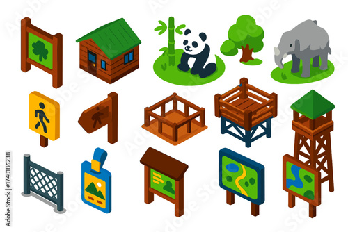 Wildlife Sanctuary Icons. Isometric vector illustration set Protected wildlife areas: park entrance sign, ranger station, panda