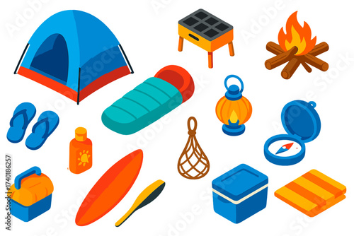 Coastal Camping Essentials. Isometric vector illustration set Coastal camping: beach tent, waterproof sleeping bag, salt-resistant