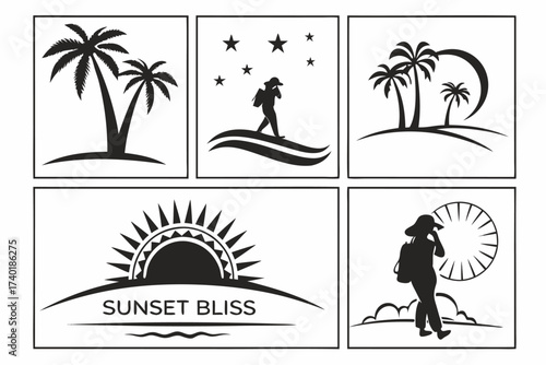 Six minimalist sunset bliss icons for design projects