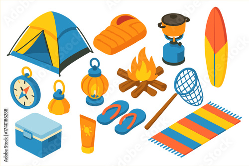 Coastal Camping Essentials. Isometric vector illustration set Coastal camping: beach tent, waterproof sleeping bag, salt-resistant