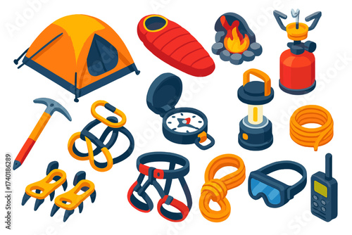 Expedition Gear Icons. Isometric vector illustration set Extreme expedition gear: mountaineering tent, expedition sleeping bag,