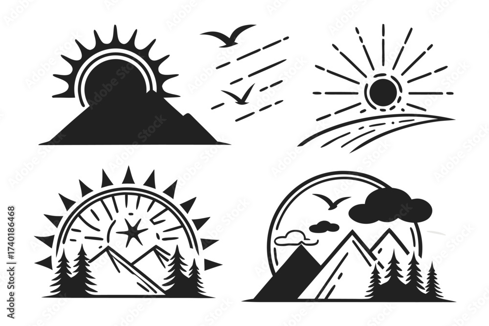 Naklejka premium Minimalist sunset icons set with layered design elements