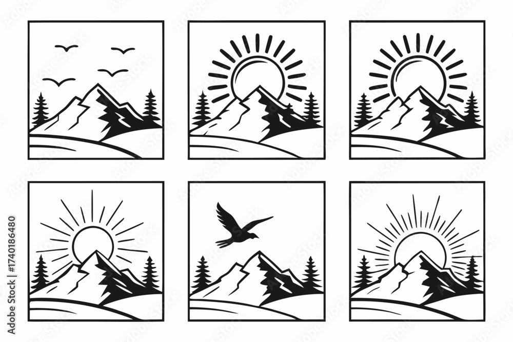 Fototapeta premium Minimalist sunset over mountains icon set