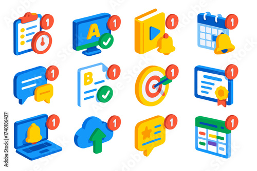 Education Alert Icons. Isometric vector illustration set Education platform notifications: assignment due alert, grade posted, new