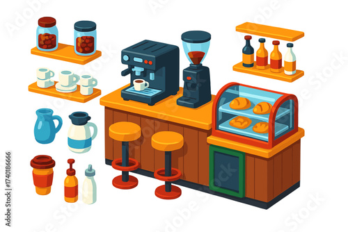 Vibrant Coffee Shop Interior. Isometric vector illustration set Coffee shop interior: counter with espresso machine, pastry