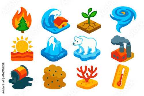 Climate Hazards Icons. Isometric vector illustration set Climate change hazards: wildfire icon, flood wave, drought plant,