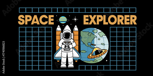 Astronaut space explorer with rocket ship earth and flying saucer illustration